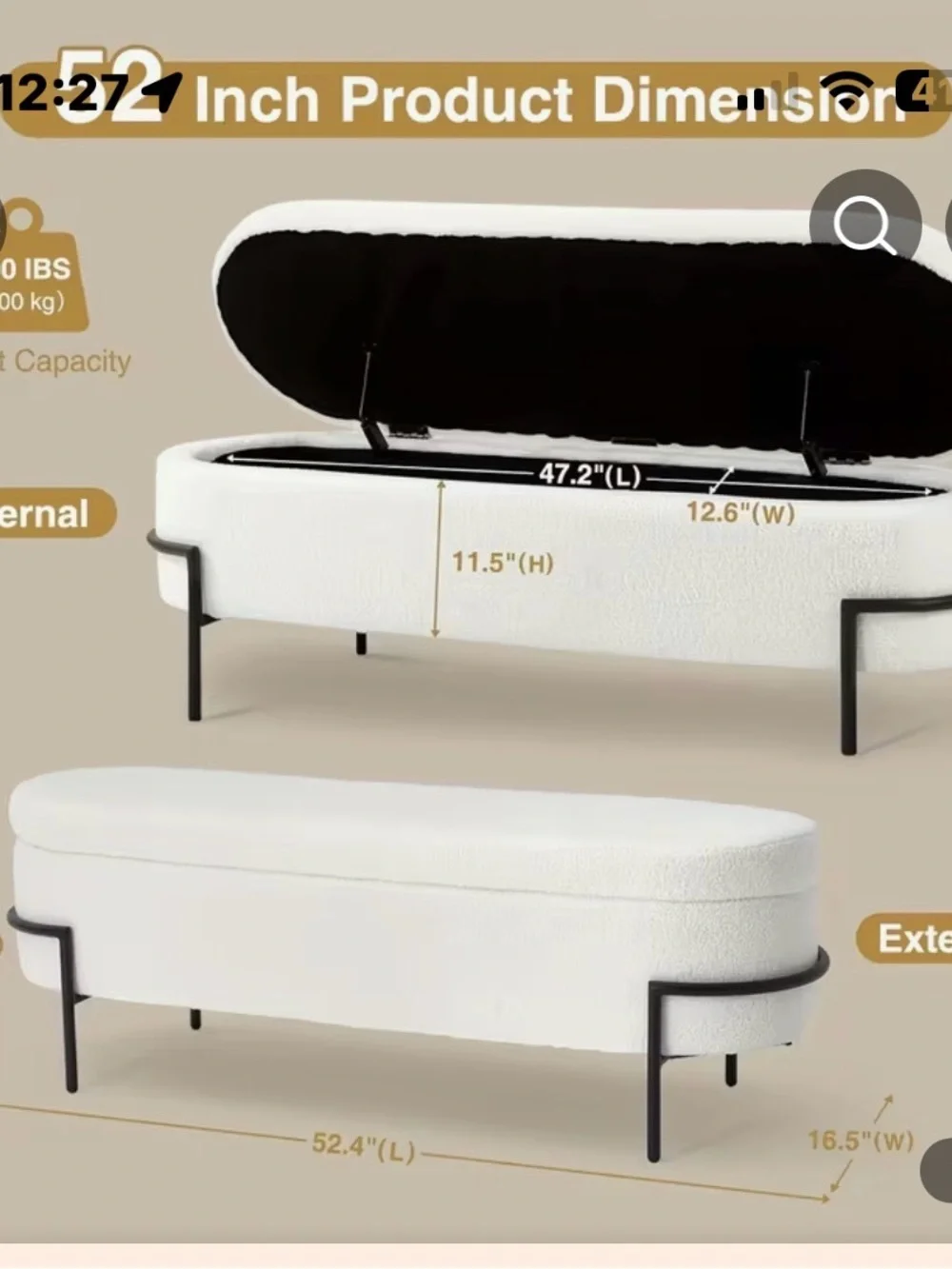 Cream Bouclé Upholstered Bench with Black Metal Base